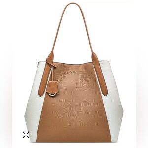 RADLEY LONDON White and Tan Pebbled Leather Colorblock Tote Bag